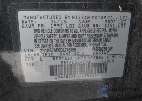 2013 Nissan Sentra Sl z USA, uszkodzony, nr VIN 3N1AB7AP6DL745155